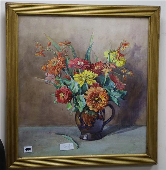 Beryl Matchwick, watercolour, Still life of flowers in a jug, signed 52 x 49cm